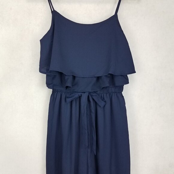 NEW One Clothing Size S Sleeveless Ruffle Pant Jumpsuit Cropped Wide Leg in Navy - Picture 3 of 12